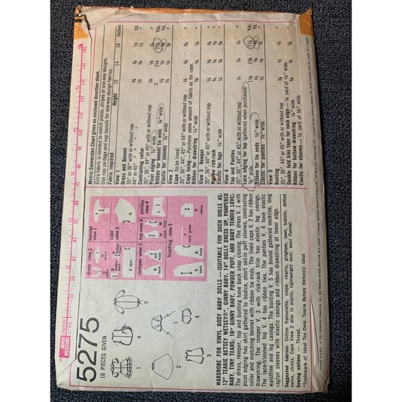 Simplicity 5275 Vintage 16" Doll Dress Sewing Pattern Wardrobe Set 1972 - Picture 2 of 2